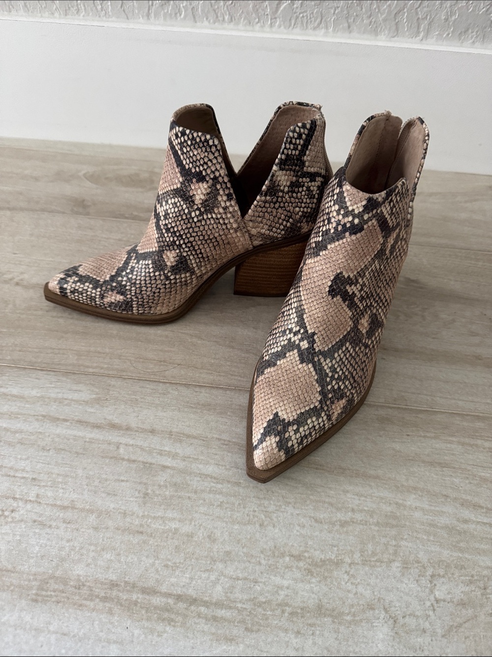 Vince Camuto Pink and Black Snake-Print Pointed Ankle Booties
